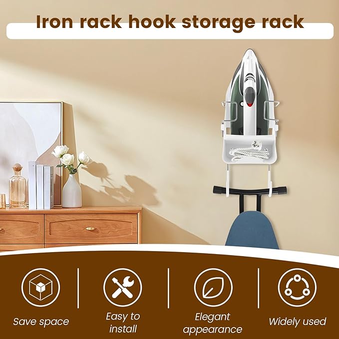 Iron Board Hanger Wall Mounted, Iron and Ironing Board Storage Organizer, Iron Hanger with Ironing Board Rack, Iron Board Holder, Electric Iron Holder for Home Bathroom (White)