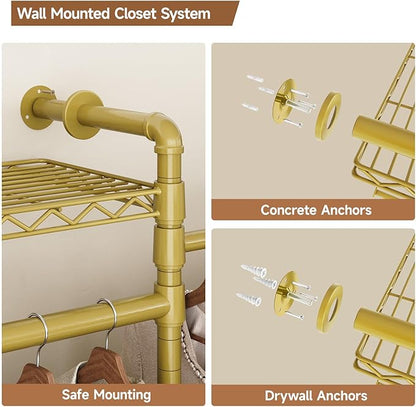 P3 Industrial Pipe Closet System, Wall Mounted Garment Racks with 4 Telescopic Rods & 6 Mesh Shelves, Heavy Duty Clothing Clothes Rack for Walk-in Closets (Gold)