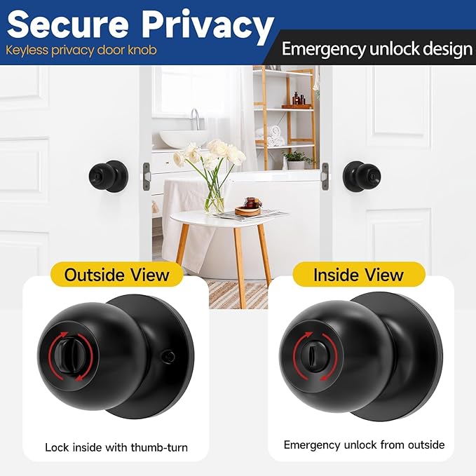 Privacy Door Knob Keyless Door Knobs Interior with Lock Bathroom Door Knob with Lock Matte Black Doorknob, 3 Pack