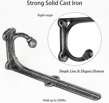 Metal Wall Shelf Brackets 8 Inch with Hooks Heavy Duty Brackets for Floating Shelves, Cast Iron Shelf Bracket Black 2 Pack