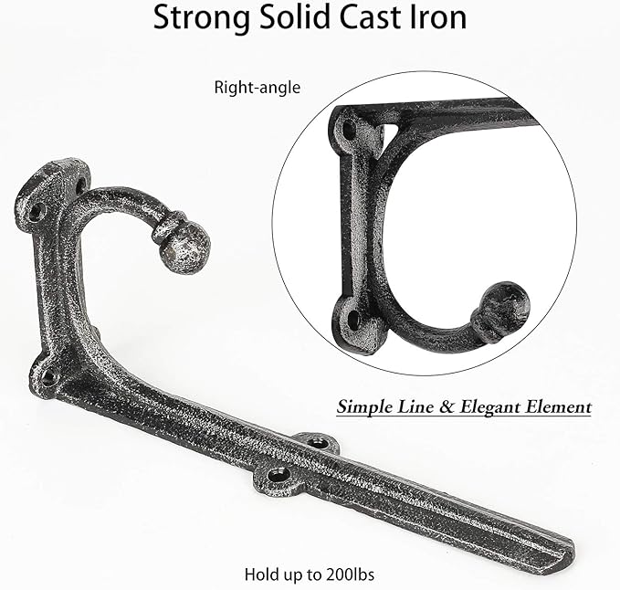 Rustic Floating Shelf Bracket 8 Inch, Cast Iron Shelf Brackets for Wall Shelving, Heavy Duty Shelf Bracket Supports, Decorative Shelves Brackets with Hooks, 4 Pack