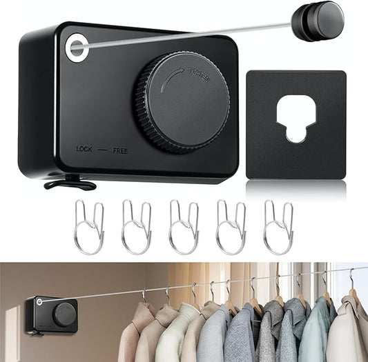Retractable Clothesline Indoor, Non-Sagging Clothes Line Retracting Outdoors,13.8Ft Heavy Duty Clothes Drying Laundry Line, Wall Mounted Clothesline with 5pcs Hooks (RectangleBlack)