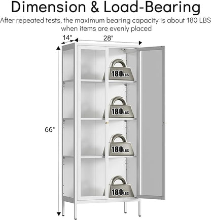 Display Cabinet with 3 Color LED Lights and Tempered Glass, 66 Inch Tall Curio Cabinet with 3 Side Glass, White Display Case for Collectibles, Lighted Cabinets for Living Room- Assemble Required
