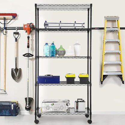 PayLessHere | 5-Tier Wire Shelf with Wheels | 14"x30"x60" | Black | Adjustable Racks | Heavy-Duty Storage Shelves, Holds Upto 220 lbs | Rust-Resistant, No-Tool Assembly | for Home, Garage Shelving
