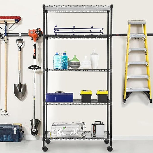 PayLessHere | 5-Tier Wire Shelf with Wheels | 14"x30"x60" | Black | Adjustable Racks | Heavy-Duty Storage Shelves, Holds Upto 220 lbs | Rust-Resistant, No-Tool Assembly | for Home, Garage Shelving