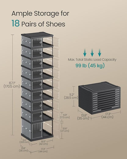SONGMICS Foldable Shoe Storage Organizer for Closet, Stackable Sneaker Cabinet with Magnetic Door, Large Plastic Container Bins for Entryway, 9-Tier for 18 Pairs, Transparent and Ink Black ULSP918BH01