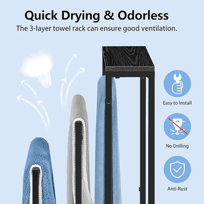 Freestanding Towel Rack 3 Tier Towel Drying Rack for Bathroom Small Standing Hand Towel Holder Black Towel Rack Stand with Storage Shelf for College Dorm Pool Side (Black)