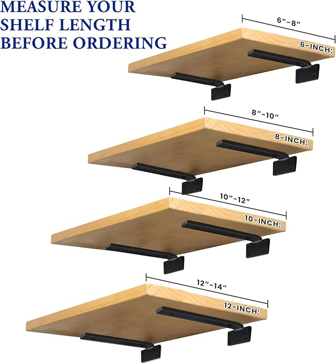 Alise Floating Shelf Brackets Black, 4 Pcs L Brackets for Shelves, 6'' Hidden Invisible Shelf Brackets,1/5" Inch Thick Heavy Duty Metal Wall Shelf Support Corner Brackets for Home and Mounting Shelf