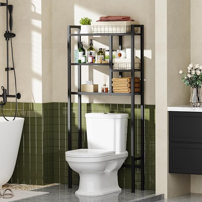 Over The Toilet Storage Rack, 3-Tier Bathroom Organizer Over Toilet, Wooden Above Toilet Storage Shelf, Space Saver, Freestanding Bathroom Storage Metal Shelf, Easy to Assemble, Black