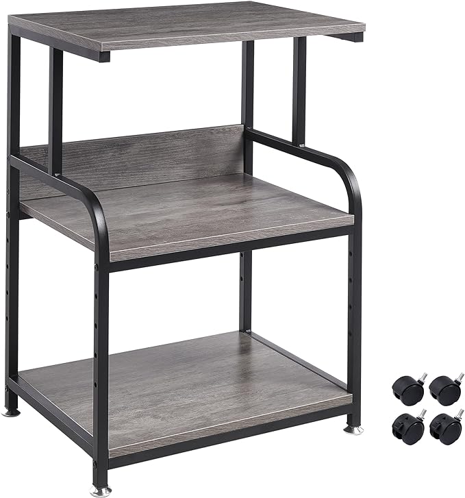 Printer Stand with Height Adjustable Storage Shelf, 3 Tier Mobile Printer Table with Wheels, Rolling Printer Cart for Home Office Organization, Gray