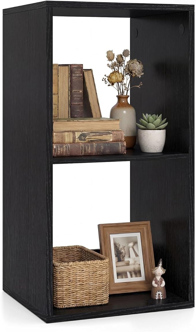 Giantex 2-Cube Bookcase, Cubby Bookshelf w/Back Guardrail & Anti-Tipping Kits, 3-Tier Freestanding Storage Organizer with Shelves, Open Back Display Rack for Living Room, Bedroom, Black