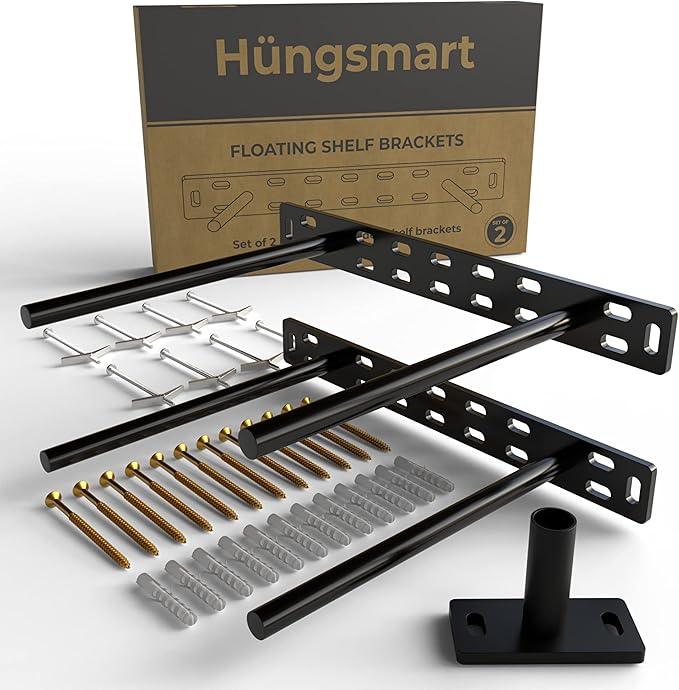 Set of 2 Floating Shelf Brackets 11 inch Multiple Mounting Location Baseplate/Heavy Duty Black Painted Mild Steel Bracket Hidden Wall Shelves Support Hardware Mount Kitchen/Nursery Decor(8 inch Rods)