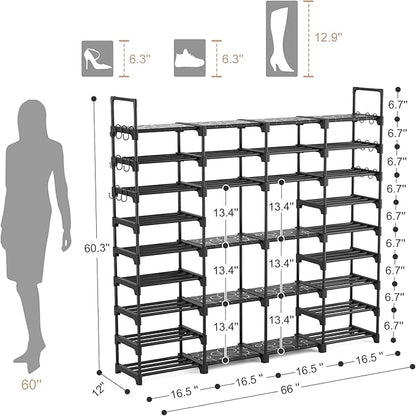 ROJASOP Large Shoe Rack Organizer for Entryway Closet 64-68 Pairs 9-Tier Heavy Duty Tall Garage Shoe Rack Shoe Shelf Shoes Storage with 18 Pcs Removable Side Hooks for Bedroom and Garage Black