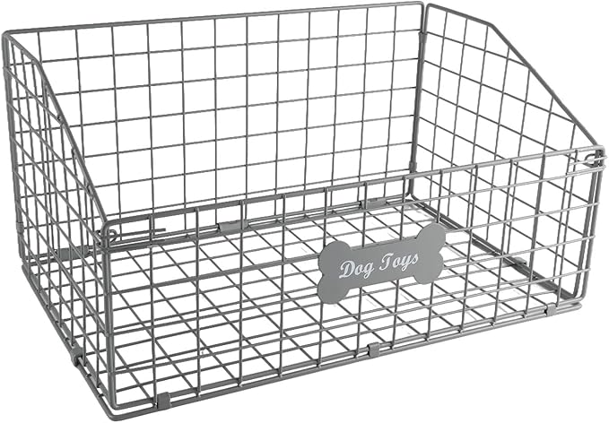 Dog Toy Basket Medium,Pet Storage Toys Box Metal Organizer Bin Dogs Wire Rack Container for Food Baskets Living Room Bins Plastic Supplies Boxes Puppy Cat Chest Organizers Treat Cabinet Gray Crate