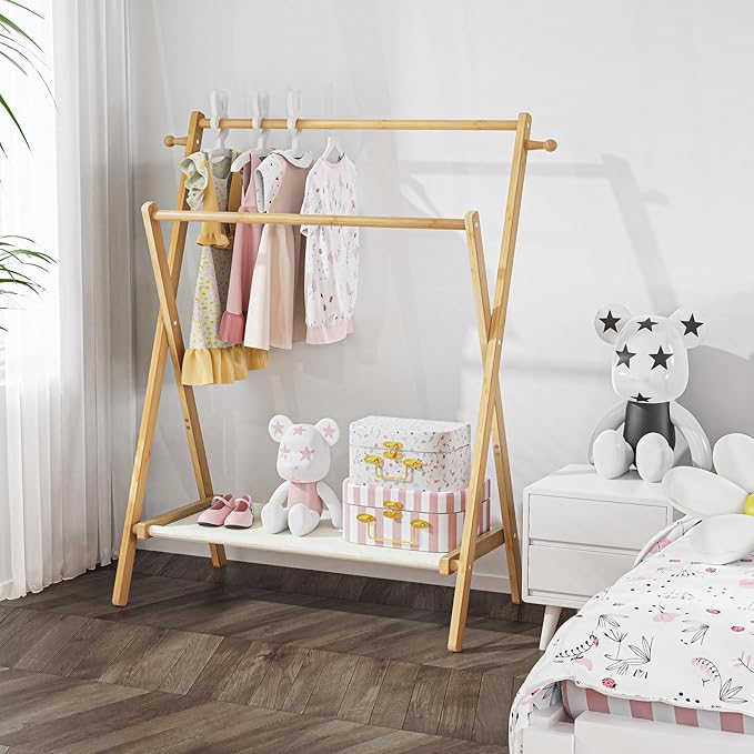 Kids Clothing Rack, Small Clothes Rack for Toddler Pets, Kids Dress Up Rack with Storage Shelf & Double Rods, Foldable Kids Clothes Rack for Nursery Child's Room (Regular Size)