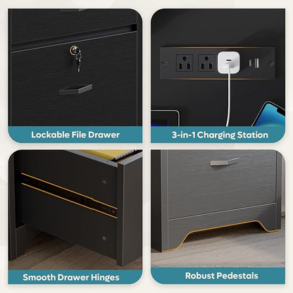 Bestier 59” Office Desk with Lockable Drawers, Modern Computer Desk with File Drawer, Charging Station & Drop-Front Keyboard Drawer, Executive Desk with Storage Cabinet for Home Office & Studio, Black