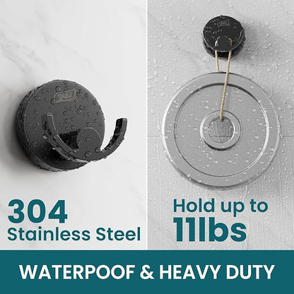 TAILI 304 Stainless Steel Bathroom Suction Hooks for Towel, Bathrobe, Loofah, Patented Strong Suction Cup Holder, No Damage Hanging Glass Shower Wall Hook, Double-Hook Sleek Design, 2 Pack, Black