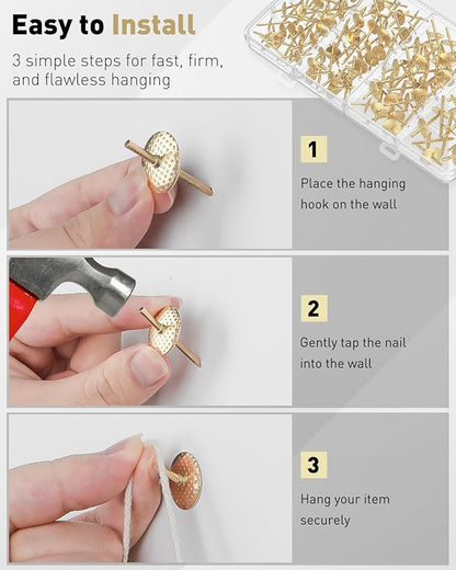 Uniclife 100 Pcs Picture Hangers, Picture Hanging Kit, 4 Size Picture Hanging Hooks, Picture Hanging Nails, Long Picture Hooks for Photo Frame Art Mirror and Décor, Gold