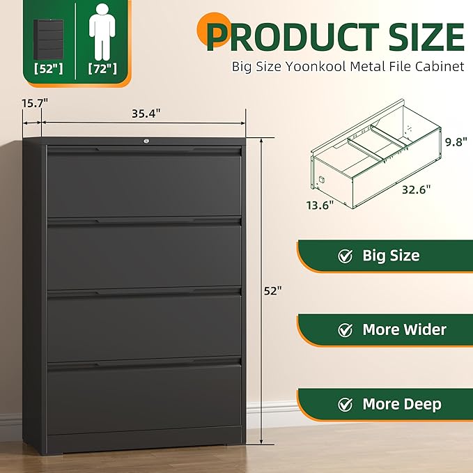 Lateral File Cabinet with Lock, 4 Drawer Lateral File Cabinets, Metal Filing Cabinets for Home Office, Black Deep Drawer for Hanging Files Letter/Legal/A4/F4 Size, Printer Stand, Assembly Required