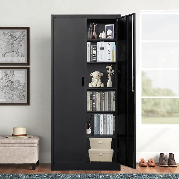 CMY Metal Storage Cabinet, 71" H Locking Cabinet with 5 Adjustable Shelves, Garage Cabinets for Office, Home, Pantry-Black