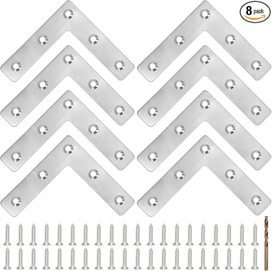 8PCS 3.23” x 3.23” L Shape Flat Metal Frame Bracket, 90 Degree Right Angle Corner Brace, Stainless Steel Mending Plate for Wood with 40PCS Screws