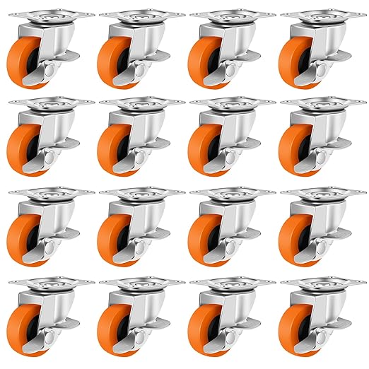 Caster Wheels, 3 Inch Casters Set of 16, Heavy Duty Casters with Brake, Locking Castors with Polyurethane Wheel，Plate Swivel Castor Wheels for Furniture Carts,Workbench Caster,Pack of 16