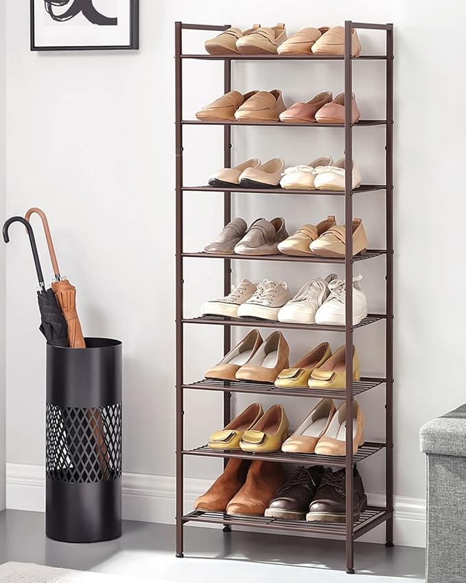 SONGMICS Narrow Shoe Rack - Sturdy 8 Tier Metal Tall Shoe Rack Shelf, Slim Shoe Storage Organizer for Closet Entryway Small Spaces, Bronze, 12"D x 17.6"W x 50.6"H