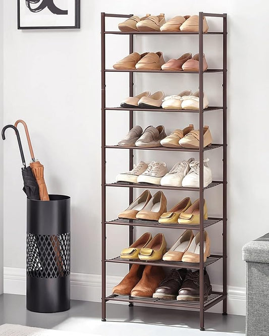 SONGMICS Narrow Shoe Rack - Sturdy 8 Tier Metal Tall Shoe Rack Shelf, Slim Shoe Storage Organizer for Closet Entryway Small Spaces, Bronze, 12"D x 17.6"W x 50.6"H