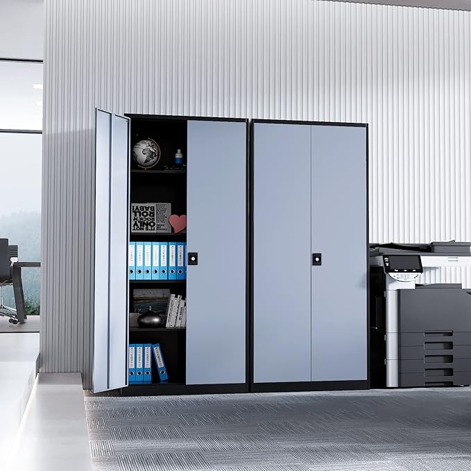 Metal Garage Storage Cabinet, 71" Tall Cabinet with 4 Adjustable Shelves, Metal File Cabinets with Lockable Doors for Garage, Home Office, Gym, School, Utility Room (Grey Black, Assembly)
