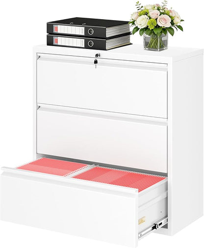 Bonusall File Cabinet, Lateral Filing Cabinet, 3 Drawer Metal File Cabinet with Lock, Lockable Filing Cabinet for Home Office, Hanging Files Letter/Legal/A4/F4 - White