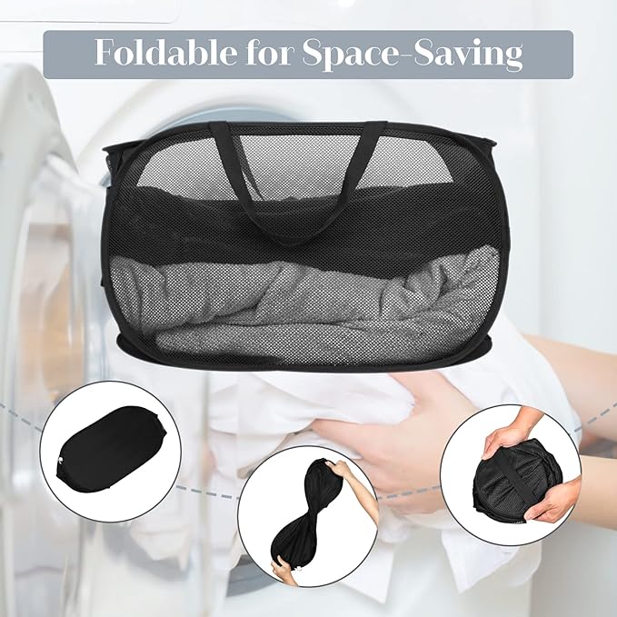 4 Pack Foldable Laundry Basket Hamper, Collapsible Laundry Baskets with Pocket, Mesh Pop Up Laundry Hamper, Clothes Hamper with Reinforced Handles for Laundry, Bathroom, Kids Room, Dorm or Travel