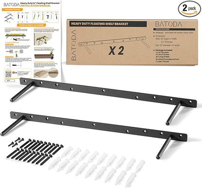 BATODA 24" Heavy Duty Floating Shelf Bracket (2 pcs) – Solid Steel Blind Shelf Supports - Hidden Brackets for Floating Wood Shelves - Blind Shelf Support - Shelving Mounting Hardware Included(Pack 2)
