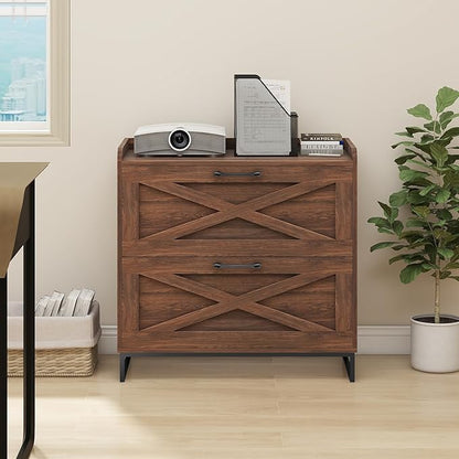 File Cabinet 2 Drawers Lateral File Cabinet with Charging Station for Letter/Legal/A4 Size Hanging Files, Large Wood File Storage Cabinets Printer Stand for Home Office, Dark Walnut