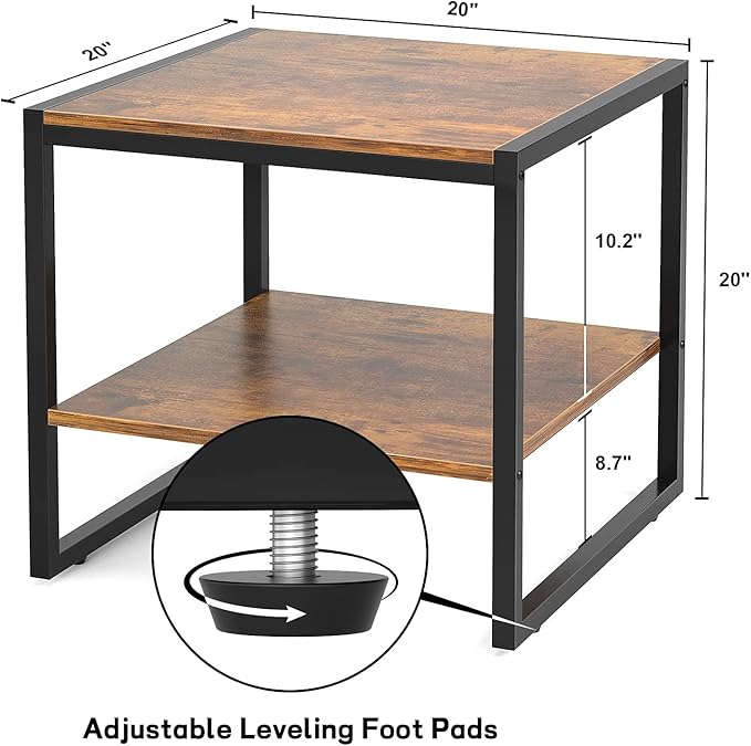 Homieasy End Table, 20 Inch Square End Table, Mini Fridge Stand with 2-Tier Storage Shelves, Industrial Wood Side Table Small Table Stand for Living Room, Bedroom, Office, Rustic Brown