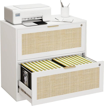 HOPUBUY 2 Drawer File Cabinet with Lock, Printer Stand Lateral Filing Cabinets for Home Office and School, Wood Rattan File Cabinet for Hanging Files/Letter/Legal/A4/F4 Size, White