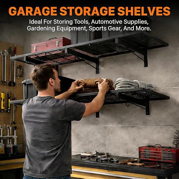 2 Pack Garage Wall Shelves, Heavy Duty Wall Mounted Shelving, 46”x12.5” Floating Shelf, 8 Hooks–Industrial Storage System with Reinforced Steel Powder-Coated Finish, 380lbs Capacity for Shop, Basement