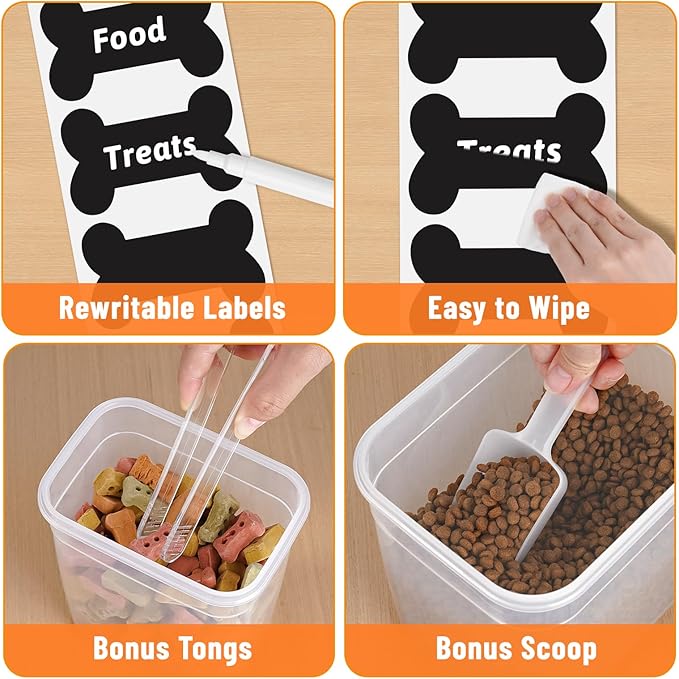 ZooZoo 3PCS Transparent Dog Treat Container Set with Airtight Lids, BPA-Free Plastic Storage Bins for Pet Food & Treats, Stackable Large Medium Small Sizes, Includes Scoops, Labels, Tongs and Marker