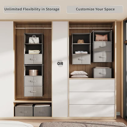 Vailando 6-Tier Hanging Shelves for Closet, Two 3-Shelf Hanging Closet Organizer w/ 4 Side Pockets and 3 Drawers, Combinable for Dorm Wardrobe Organizer and RV Storage and Organization