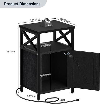 Wooden Nightstand with Charging Station, Bed Side Table with Drawers, Bedside Table with Lock, 3 USB & 2 Outlets, Night Stand with Cabinet Storage, End Table for Bedroom, Black