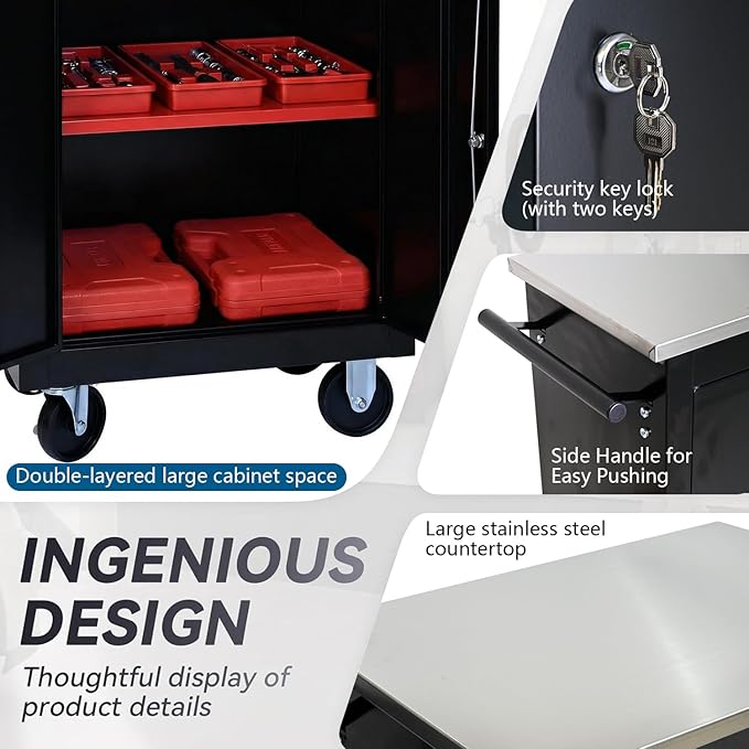 1 Cabinet 2 Shelves Rolling Tool Chest with Stainless Steel Countertop,Tool Chest with Secure Locking System,Mobile Storage Tool Cabinet with 360°Wheels & Padded Feet,for Home,Garage(Black+Red)