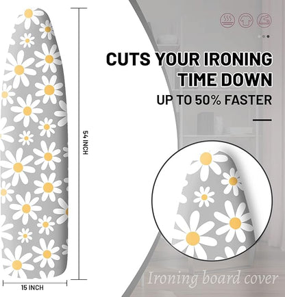 Extra Thick Ironing Board Cover and Pad, 15x54 Ironing Board Cover, Resist Scorching and Staining,Elastic Edges,Grey White Daisy Spring Summmer Flowers