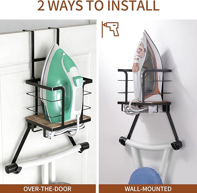 Ironing Board Hanger Wall Mount, Over the Door Iron Board Holder, Wooden & Metal Laundry Room Organizer, Anti-Slip Fence Design, Fits T/Y-Leg, Black