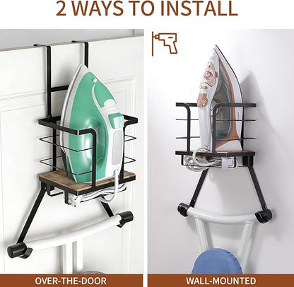 Ironing Board Hanger Wall Mount, Over the Door Iron Board Holder, Wooden & Metal Laundry Room Organizer, Anti-Slip Fence Design, Fits T/Y-Leg, Black
