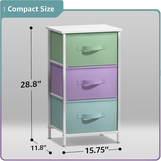 Sorbus Nightstand with 3 Drawers - Bedside Furniture & Accent End Table Storage Tower for Home, Bedroom Accessories, Office, College Dorm, Steel Frame, Wood Top, Easy Pull Fabric Bins (Pastel/White)