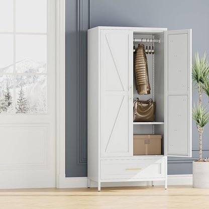 Aobabo Metal Wardrobe Cabinet with 1 Drawer, 71" H Metal Armoire Wardrobe Closet with 1 Adjustable Shelf and Hanging Rod for Home, Laundry Room, Office, Installation Required, White