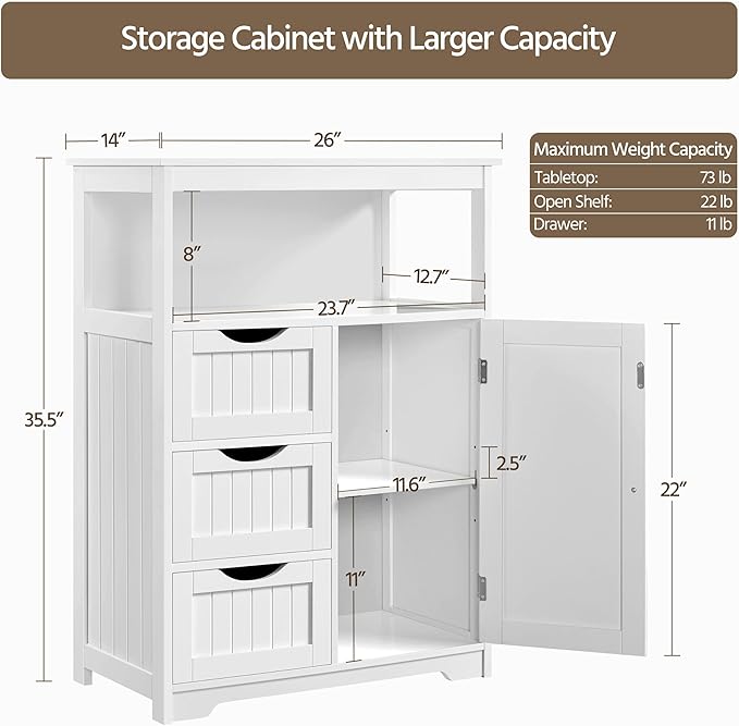 Yaheetech Bathroom Storage Cabinet Bathroom Floor Cabinet Freestanding Storage and Organizer with Door, 3 Drawers, Adjustable Shelf, 35.5 Inches Height, White