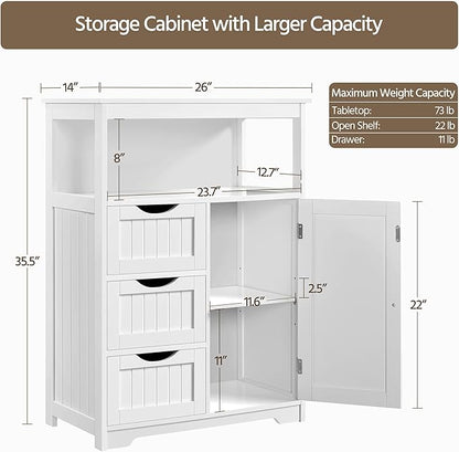 Yaheetech Bathroom Storage Cabinet Bathroom Floor Cabinet Freestanding Storage and Organizer with Door, 3 Drawers, Adjustable Shelf, 35.5 Inches Height, White
