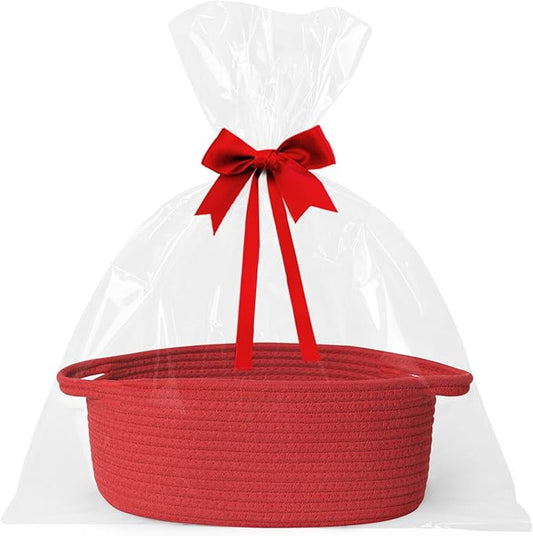 Small Baskets for Gifts Empty, 13"x 9"x 5" Woven Gift Basket with Bag and Ribbon, Cotton Rope Kids Dog Cat Toy Bin Box, Cute Baby Nursery Organizer, Decorative Storage with Handles, Red