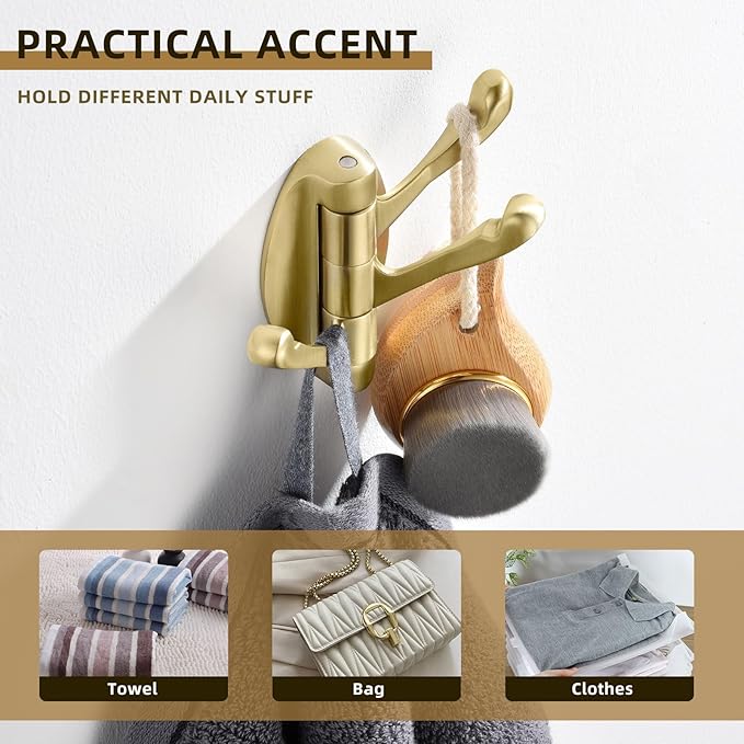 Angle Simple Towel Hook Brushed Gold, Metal Folding Swivel Towel Holder, Bathroom Robe Clothes Coat Hook, Home RV Organizer, Screw Mount