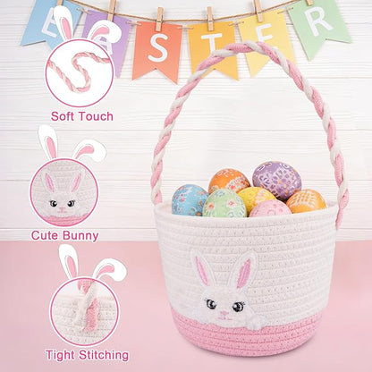 Easter Baskets for Girls, Pink Big Eyes Bunny Gift Basket Empty with Handle Woven Cotton Rope Egg Hunt Bag for Kids Babies Toddler Teens